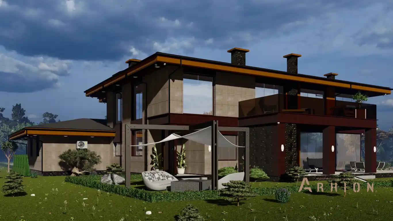 6. Проект двухэтажного дома в современном стиле с четырехскатной, h-1615, площадью - 726 кв c терассой, балконом, гаражом, вторым светом